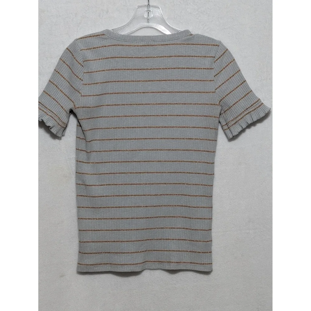 J. Crew Womens XS Grey Metallic Copper Striped Ribbed Ruffle Lettuce Edge Top